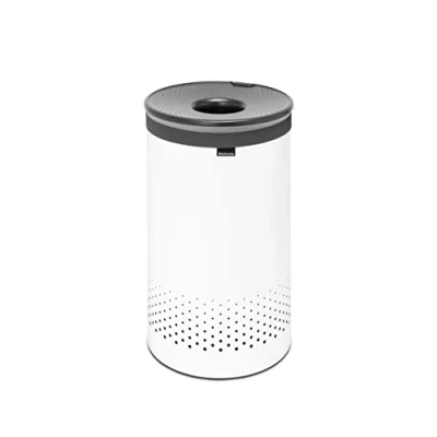 Imagen de Brabantia Cubo para la ropa sucia Tapa de plástico manos libres Agujeros ventilación Bolsa portátil en el interior Apertura rápida Blanco 60L