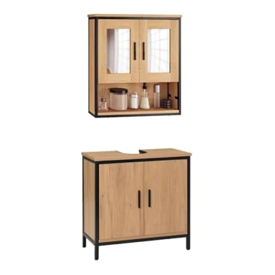 Imagen de EUGAD Juego de Muebles baño, Armario Baño con 2 Espejo Puertas, Mueble Pared Estante Abierto, Lavabo Interno, Puertas y Bisagras