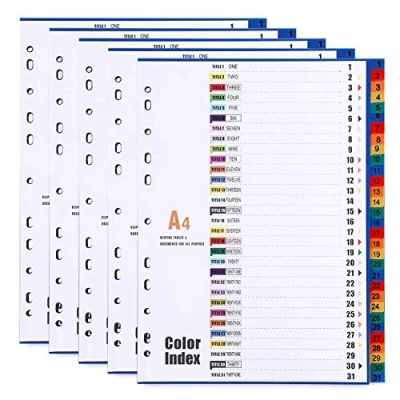 Imagen de Paquete de 5 Separadores archivos A4, con 31 Posiciones, número 1 31, Carpeta plástico para 11 Hoyos