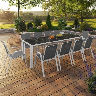 Imagen de Conjunto de muebles jardín blancos y grises con sillas apilables