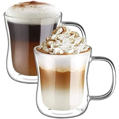 Imagen de ecooe 2x350ml Tazas de Café Cristal,Vasos Doble Pared con Asa,Tazas Vidrio Borosilicato para Té,Café,Leche,Latte,Macchiato