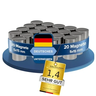 Imagen de MTS Magnete Juego de 20 imanes neodimio (1,2 kg, extra fuertes, diámetro 5 x 15 mm, unidades), color plateado
