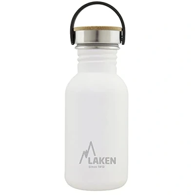 Imagen de LAKEN Botella Agua Acero Inoxidable con Tapón Bamboo y Boca Ancha, (0,50L Blanco) Reutilizable, Ideal para Montaña, Camping, Deportes más
