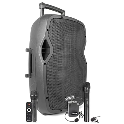 Imagen de Vonyx AP1200PA Altavoz portátil de 12 Pulgadas y 600 W con batería, 3 micrófonos, conexión Bluetooth, USB SD. Grande Potente. Bluetooth Fiestas, Fitness, presentaciones, dicursos.