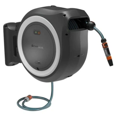 Imagen de Gardena conjunto Listo Para Usar Portamanguera de Pared con batería PowerRoll XXL: automático manguera 40 m, guía y RollControll, completo (18647 20)