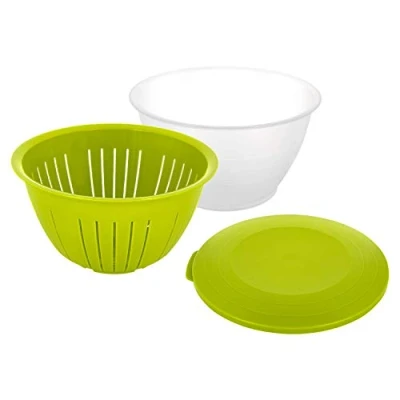 Imagen de Westmark Cuenco para servir/Escurridor con tapa y colador, 3 partes, Capacidad: 4,4 litros, Plástico, Sin BPA, Olympia, Color: Transparente/verde, 2418227A