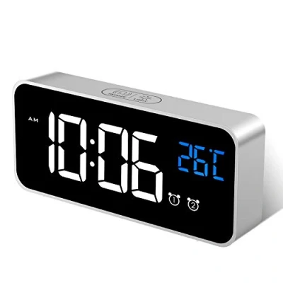Imagen de MOSUO Reloj Despertador Digital, LED Electrónicos Espejo con Temperatura y 2 Alarma, Snooze, Sonido Brillos Regulable, Carga USB para Dormitorio, Oficina, Plata