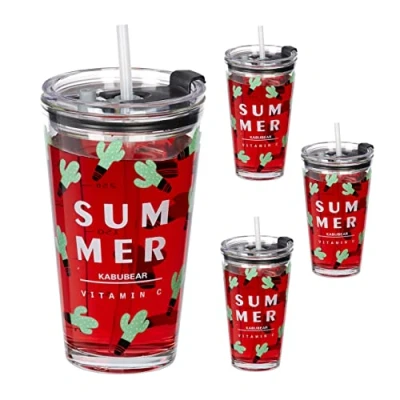 Imagen de Relaxdays Set de 4 Vasos Infantiles, Diseño Cactus, Tapa y Pajita, 450 ml, Vasito Cristal Niños, para Zumo, Transparente