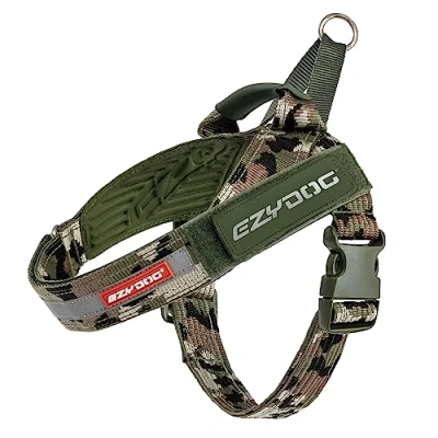Imagen de EzyDog Express Dog Arnés para perros pequeños, medianos y grandes, diseño ergonómico en ángulo, mango de agarre moldeado, hebilla lateral fácil liberación (XL, camuflaje)