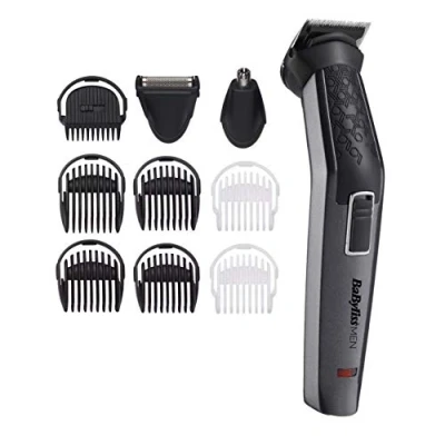 Imagen de BaByliss MT727E Recortadora para cuerpo, barba, nariz y orejas de uso sin cable, 10 en 1, cuchillas recubiertas titanio carbono, 60 min autonomía, color negro gris