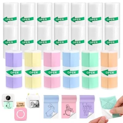 Imagen de GuKKK 20 Rollos Papeles de Impresora Térmica Mini Papel Impresión, Pegatina Imprimible Autoadhesiva, Las Impresoras Térmicas Recarga 57 x 25 mm