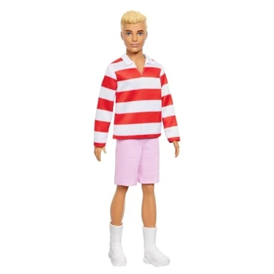 Imagen de Barbie Fashionistas Ken Muñeco n. 241 rubio con un polo de rayas rojas y blancas, pantalones cortos rosas, calcetines blancos zapatillas deportivas, HYV01