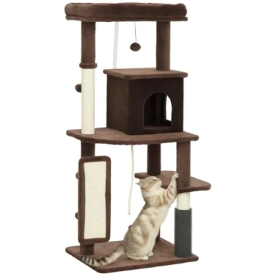 Imagen de PawHut Árbol Rascador para Gatos Altura 132 cm Torre con Plataformas Poste Cepillo Bolas Colgantes y Almohadilla Rascar Marrón