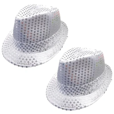 Imagen de FUIPVGI 2 Piezas Sombrero de Lentejuelas Baile Jazz Disfraz, Vestido Discoteca Accesorio, Chistera Glitter Unisex para Carnaval Disfraz Fiesta Disfraces, Temática (Plata)