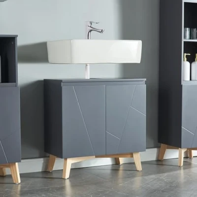 Imagen de [en.casa] Mueble para Debajo del Lavabo con 2 Puertas Auxiliar Baño Compartimentos Cerrados en MDF + Aglomerado Patas de Pino 60 x 30 cm Gris y Color Madera