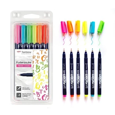 Imagen de Rotulador tombow punta pincel dual fudenosuke dura tinta base de agua estuche 6 unidades colores neon