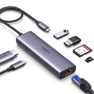 Imagen de UGREEN Revodok 107 Hub USB C HDMI 4K 60Hz Adaptador Ethernet RJ45 Gigabit Lector Tarjeta SD TF 3.0 100W PD Carga Compatible con MacBook Pro Air, iPad iPhone 16 Plus MAX