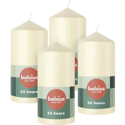 Imagen de Bolsius Velas de pilar Marfil Paquete 4 12 x 6 cm decorativas para el hogar Larga duración combustión 33 horas Sin perfume Cera vegana natural aceite palma