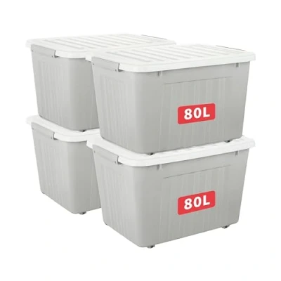 Imagen de Cetomo caja de almacenamiento plástico 80 L x 4, gris, mano, contenedor organizador con tapa duradera y hebillas enganche seguras, apilable encajable, paquete hebilla