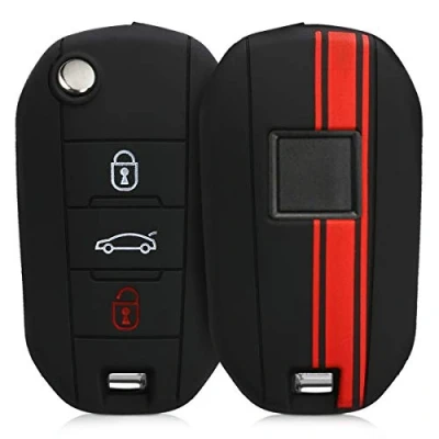 Imagen de kwmobile Carcasa Compatible con Llavero de Peugeot Citroen Llave Coche Plegable 3 Botones Funda para Mando Silicona Rojo/Negro