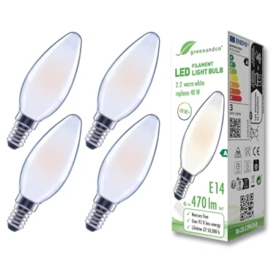 Imagen de greenandco 4x bombilla de filamento LED esmerilado E14 C35 2,2W 470lm sustituye A 40W 2700K blanco cálido 320 230V sin parpadeo clase energética no regulable