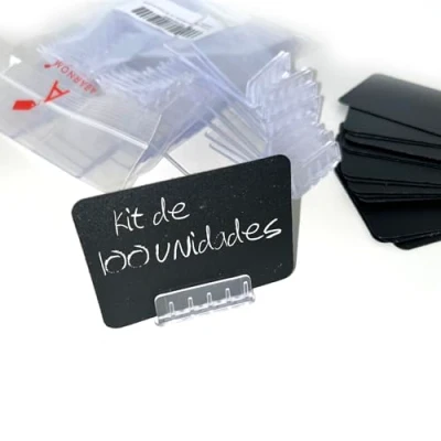 Imagen de Pack de 100 Pizarra negra sintéticas reutilizables + bases portaprecio, Mini Pizarras para Precios, Portaprecios Fruta, Carniceria, Pescaderia, Porta Precios