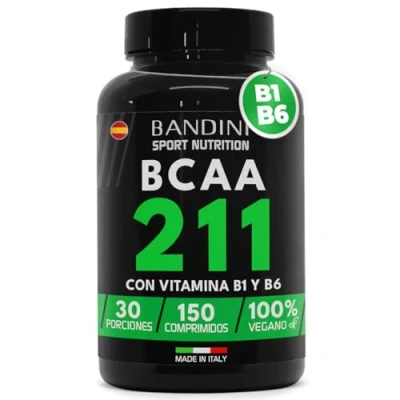 Imagen de Bandini® BCAA 2 1 150 Comprimidos Aminoácidos Ramificados 2.1.1 L Leucina, Isoleucina, Valina con Vitamina B1 y B6 Complemento Alimenticio 2:1:1 Pre Post Entrenamiento 100% Vegano