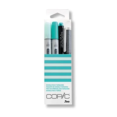 Imagen de Copic Ciao Set «Doodle Pack Turquoise», Estuche de 4 Piezas con 2 rotuladores Dobles Punta Media y Pincel, Incl. Multiliner Glitter Pen