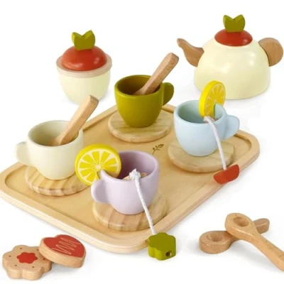 Imagen de Little Log Juego de té Madera, Accesorios Cocina para niños, Fiesta simulación, Juguetes Comida Madera niñas y niños 3 años en adelante
