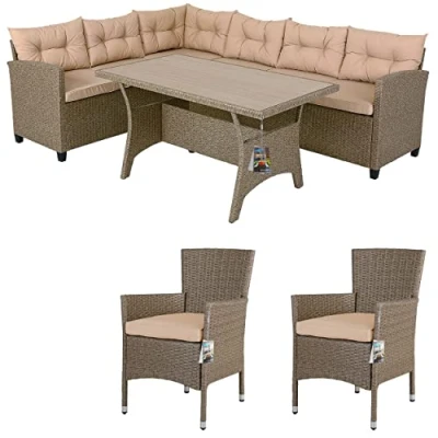 Imagen de CASARIA Conjunto Muebles Jardin Poliratan 8 Pers Mesa WPC Banco Sillas Incl. Cojines Exterior Acero