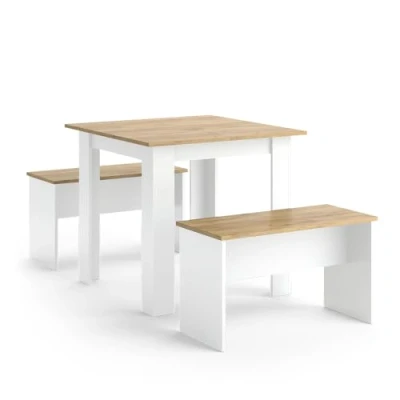 Imagen de Vicco Set de Mesa Comedor Sentio, Roble Blanco/Dorado, 80 x cm con 2 Bancos