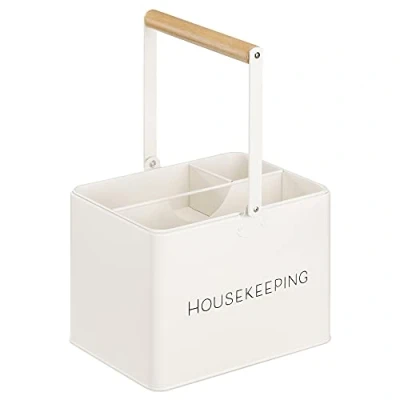Imagen de Navaris Cesta para productos de limpieza Caja almacenaje con 3x organizador fregadero cocina baño 27,7 x 23 21 cm Blanco