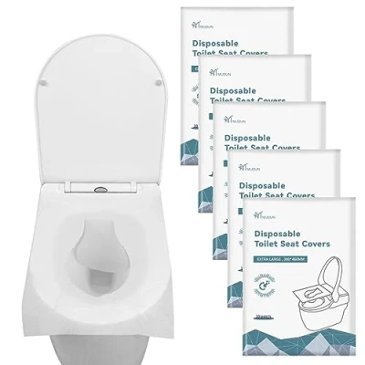 Imagen de 50 fundas de papel desechables para asiento inodoro, inodoro higiénicas, tamaño bolsillo, uso en baños públicos viaje niños, adultos y mujeres embarazadas