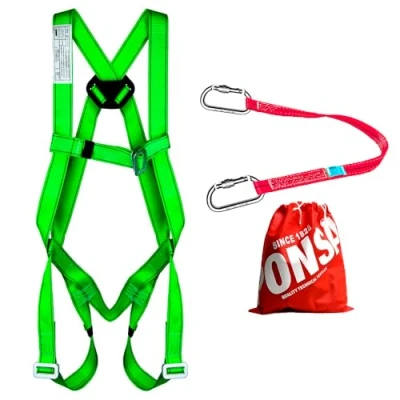 Imagen de PONSA KIT basico Anticaídas Arnés de Seguridad Trabajo en Altura Regulable con Anclaje Dorsal, Elemento Fijo Amarre y 2 Mosquetones.