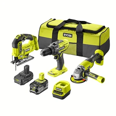 Imagen de RYOBI Trio ONE + 18V: taladro percutor sierra de calar amoladora angular 2 baterías (2,0 Ah y 4,0 Ah) cargador rápido Se entrega en 1 bolsa grande transporte