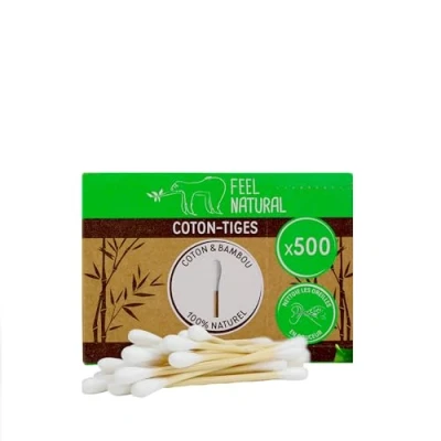 Imagen de Algodón Con caña de bambú Caja 500 varillas blancas Feel Natural Higiene Oreja, desmaquillarse una apertura fácil Alternativa biodegradable al algodón, varilla plástico