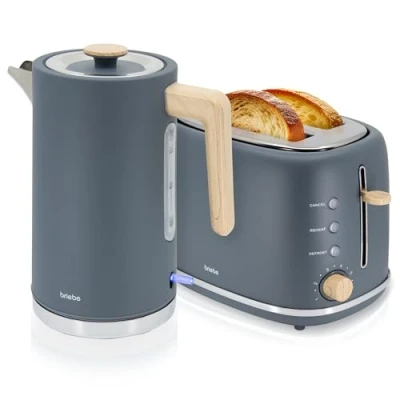 Imagen de briebe Nordic Set Tostadora Pan Ranura Ancha 2 Rebanadas, 6 Niveles Tostado + Hervidor Agua Eléctrico 1,7L Inalámbrico, 2200W Ebullición Rápida, Libre BPA, Pack Desayuno Diseño Nórdico, Gris
