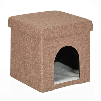 Imagen de Relaxdays Taburete Cúbico con Casa Cueva Gato, Escondite Cojín Mascota, Perros Cachorros, 38,5 x 37 cm, Marrón, Gomaespuma