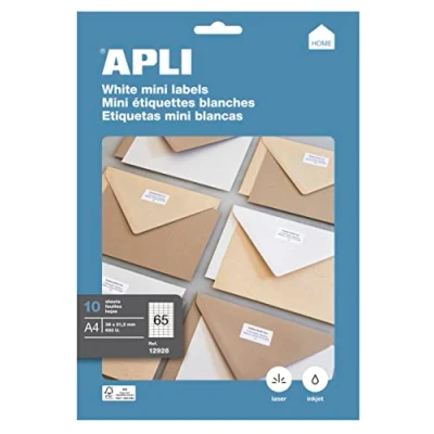 Imagen de APLI 12926 Etiquetas blancas permanentes adhesivas imprimibles, Inkjet Laser Copy, tamaño etiqueta 38 x 21,2 mm, cantos rectos, pack de 10 hojas A4 (650 etiquetas) , Ideal para sobres y paquetes