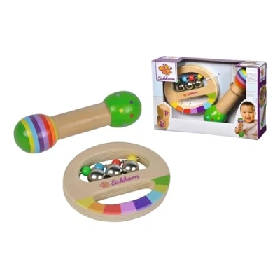 Imagen de Eichhorn Set de música 2 piezas, incluye anillo agarre con campanas y varilla sonido, coloridos instrumentos musicales madera, 1 año, multicolor