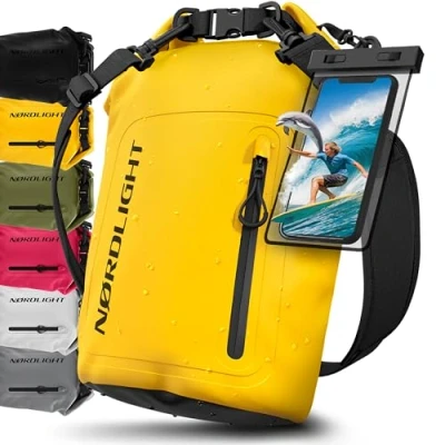 Imagen de Nordlight Bolsa Estanca Impermeable + Funda para Móvil, Cierre Enrollable, Correa Hombro Drybag Mochila Saco Estanco de Transporte Náutica Playa Sup Amarillo, 20 litros