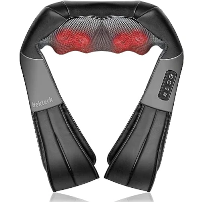 Imagen de Nekteck masajeador de cuello y espalda, shiatsu cuenta con almohadilla masaje amasado 3D para aliviar el calor tejido eléctrico profundo Adecuado usar en casa automóvil (negro)