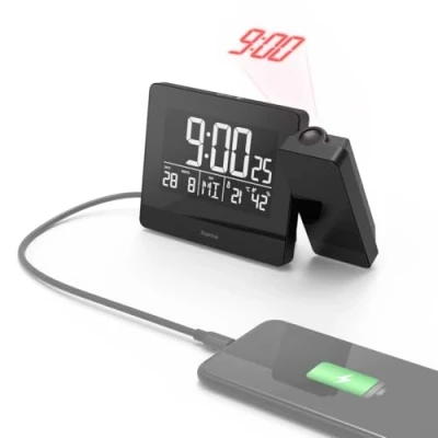 Imagen de Reloj despertador inteligente Hama Plus Charge, Proyección en techo o pared, Conexión USB, Higrómetro, Negro