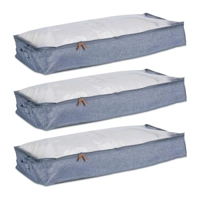 Imagen de Relaxdays Juego de 3 cajones para Debajo Bolsas Almacenaje Bajo la Cama, Set 3, Tela, Cajas Organizadoras, 14 x 100 45 cm, Gris/Transparente, Poliéster