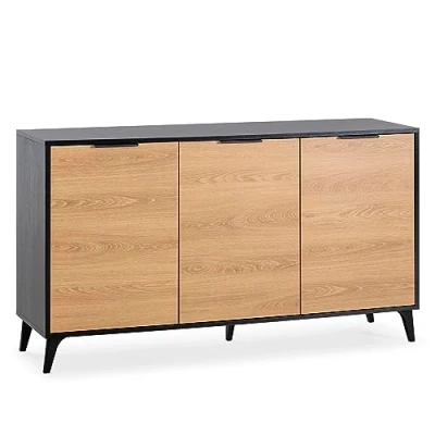Imagen de HOMN LIVING Aparador Kalma 3 Puertas, Color Negro Cepillado y Madera, 136 cm (Ancho) 40 (Profundo) 76 (Altura)