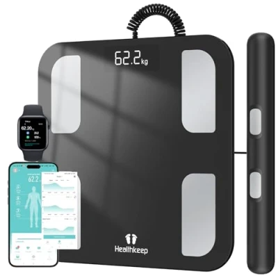 Imagen de Báscula Grasa Corporal de Baño Inteligente Monitor Composición Corporal, 18 Mediciones Esenciales, Pantalla LED, Diseño Esquina Redonda, para Andriod y iOS, 180kg…