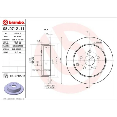 Imagen de BREMBO 08.D712.11 Disco de freno 298 12 5 macizo revestido