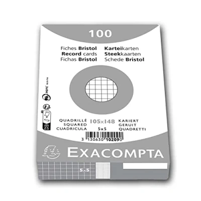 Imagen de Exacompta 10209E Pack de 100 fichas bristol cuadrícula 5x5 sin perforar retractiladas compatibles con impresoras inkjet, láser y fotocopiadoras formato 105 x 148 mm color blanco