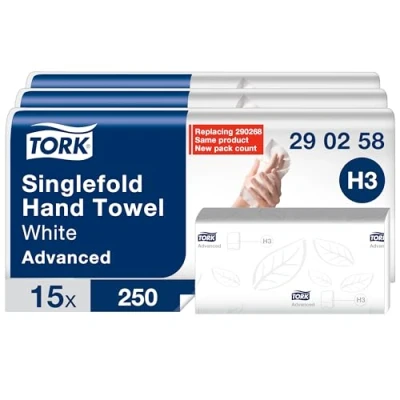 Imagen de Tork Toallas de mano un solo pliegue, papel plegadas universales H3 para dispensadores pliegue Económicas, una capa, blancas 15 x 250 hojas, 290258