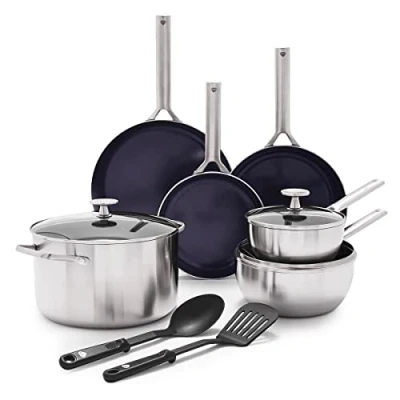 Imagen de Blue Diamond Triple Steel Batería de Cocina 11 Piezas Acero Inoxidable con Cerámica Antiadherente Reforzada Diamantes, Sartenes y Cacerolas,Sin PFAS,Multicapa,Inducción,Horno,Lavavajillas,Plata